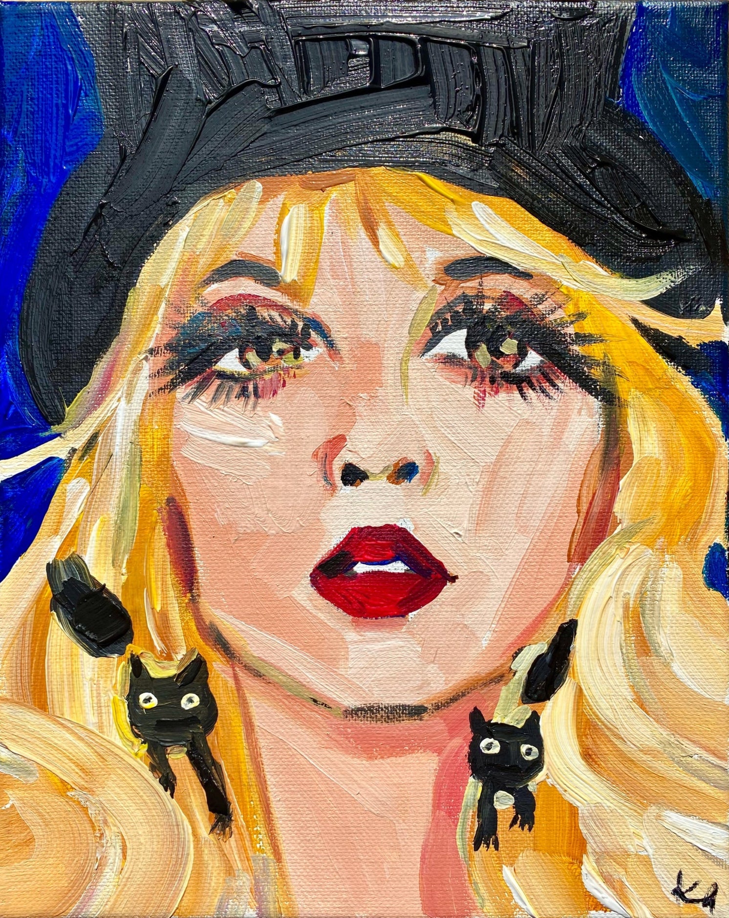 Painting of a woman with blonde hair and red lipstick, wearing a black cap with black cat earrings.
