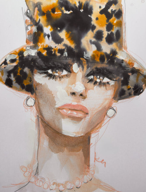 Artistic depiction of a woman wearing a leopard print hat on a white background