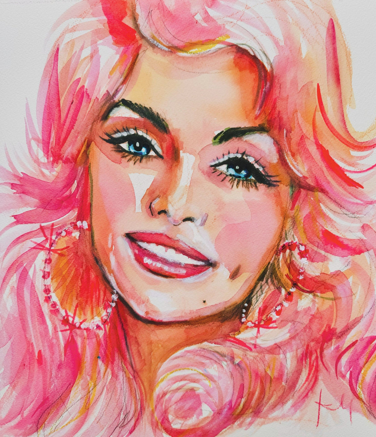 Colorful illustration of a woman with pink hair on a white background