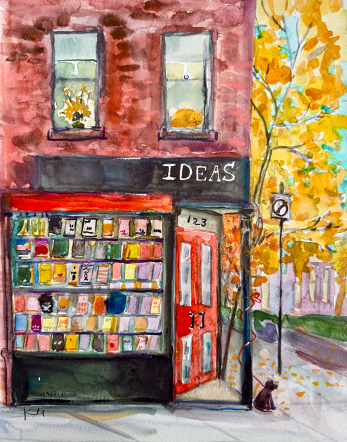 Illustration of a bookshop named 'Ideas' with autumn scenery