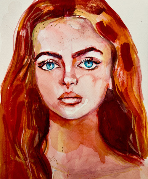 Artistic depiction of a person with red hair and blue eyes.