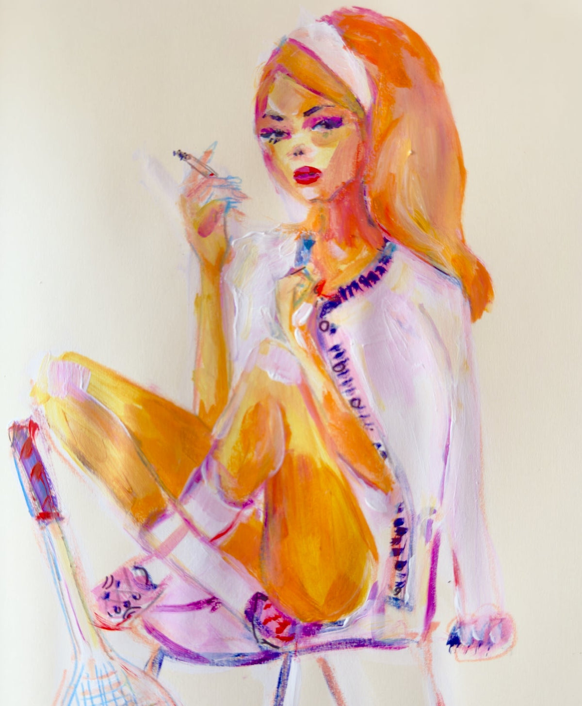 Colorful painting of a woman with a tennis racket on a white background