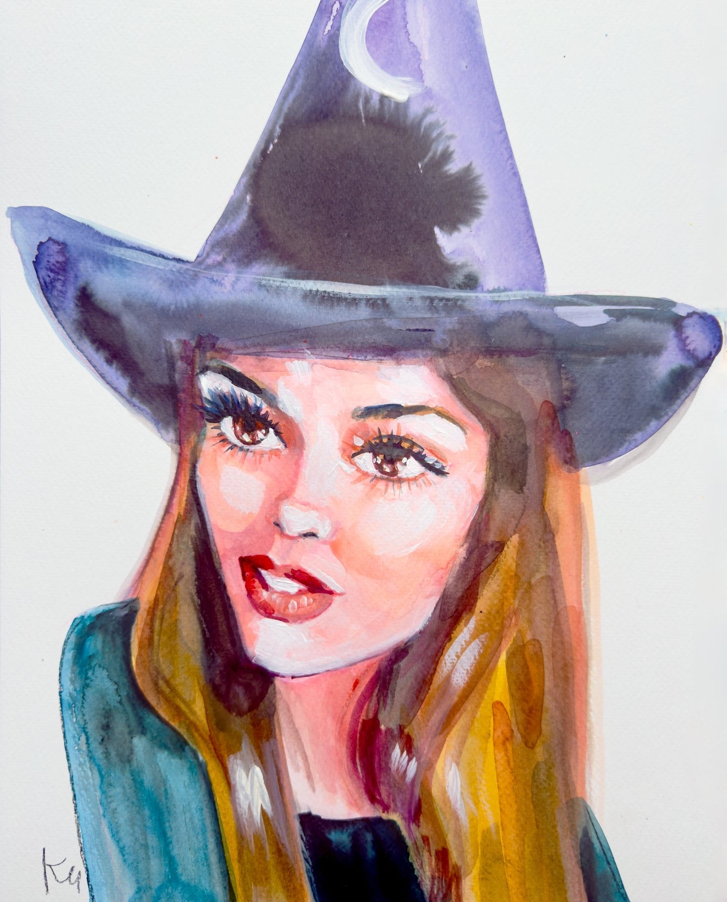 Artistic depiction of a person wearing a witch hat with a white background