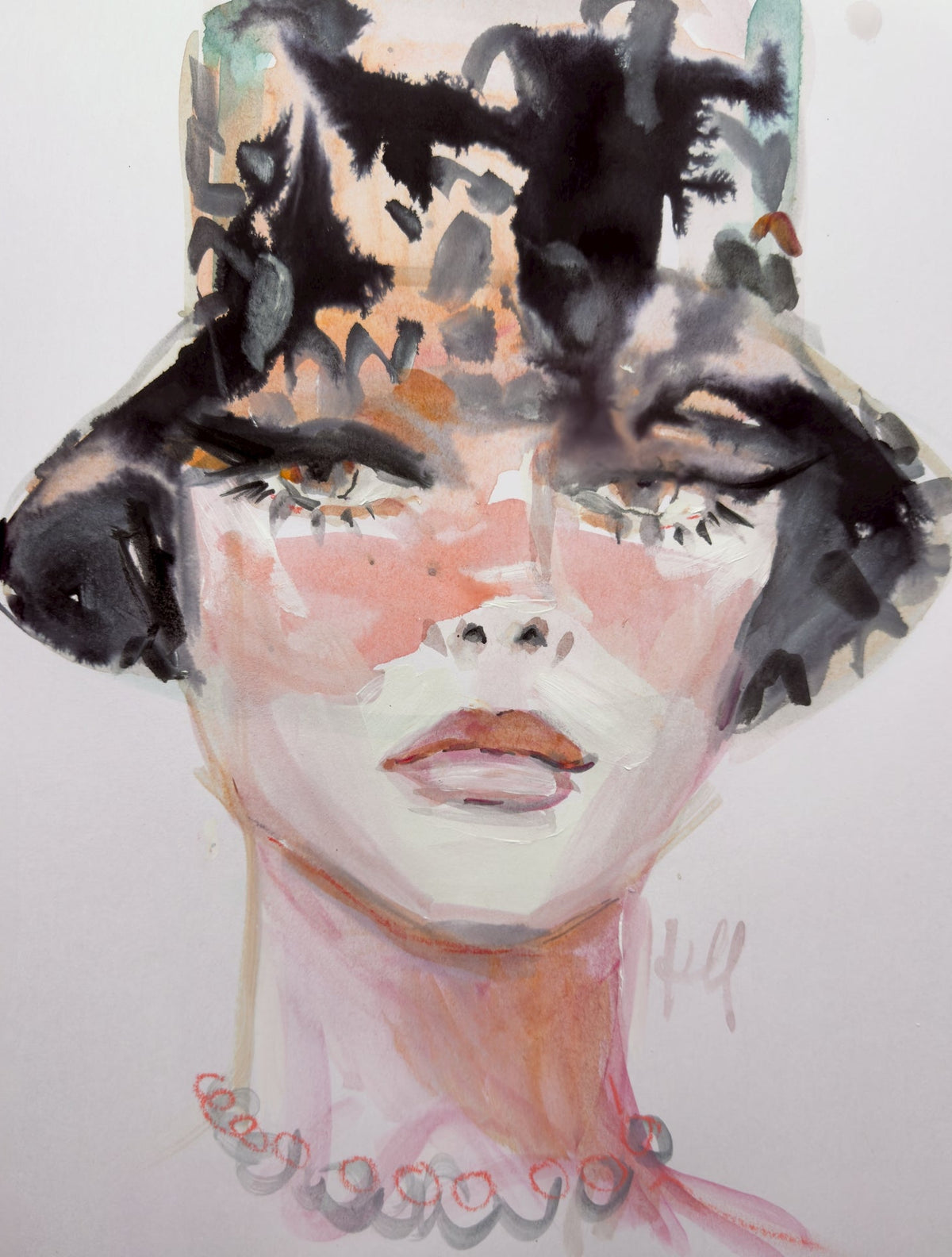 Artistic watercolor portrait of a woman with a stylized hat on a white background