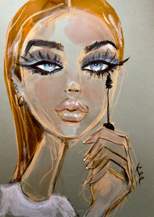 Artistic illustration of a woman applying makeup with a brush.